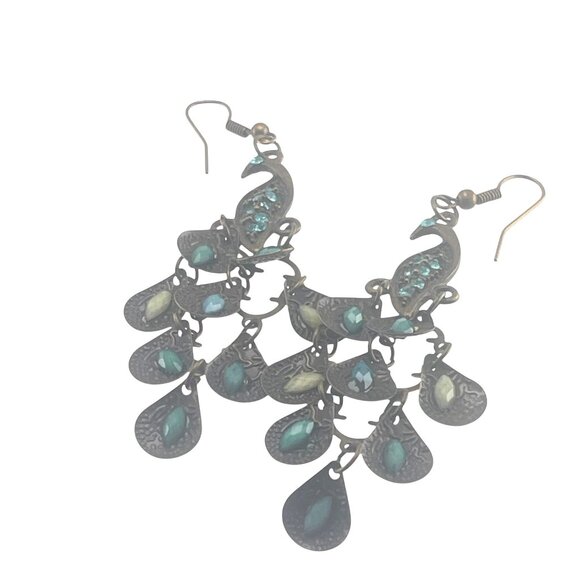 Antique-Style Bronze Peacock Dangle Earrings With Green Gem Accents 2.5" - Picture 3 of 6